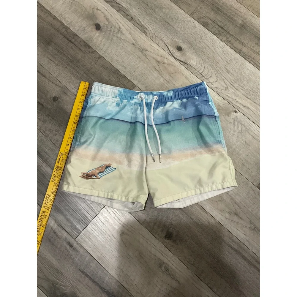 Abercrombie & Fitch Mens Beach Scene Print Swim Trunks Blue Tan Medium 5‎ Inch